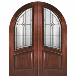Витражная дверь с аркой входная двухстворчатая с окошком и багетом ДВ-536