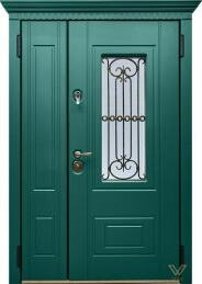 Багетная двухстворчатая дверь с верхней вставкой с окном и ковкой ДВ-632