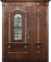 Дверь с витражом полуторная багетная с окошком и верхней вставкой ДВ-734