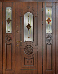 Трехстворчатая входная витражная дверь со стеклом и филенчатым МДФ ДВ-739