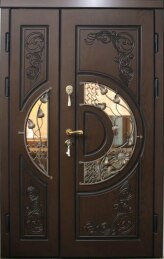 Дверь двойная металлическая входная с окном кованая элитная в дом ДВ-14