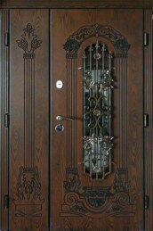 Двойная железная дверь со стеклом кованая элитная для загородного дома уличная ДВ-58